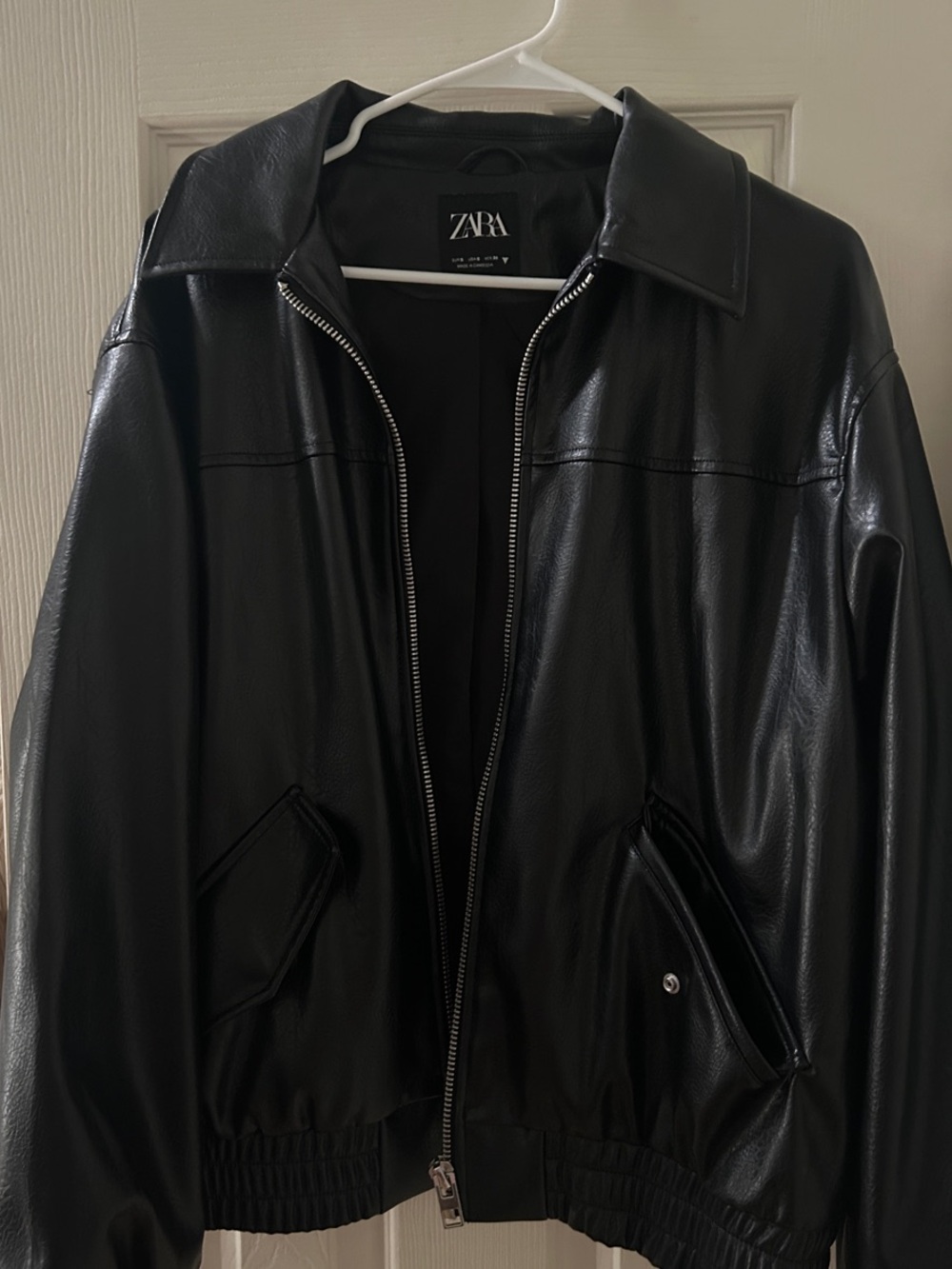 Zara Black Faux Leather Bomber Jacket with Collar